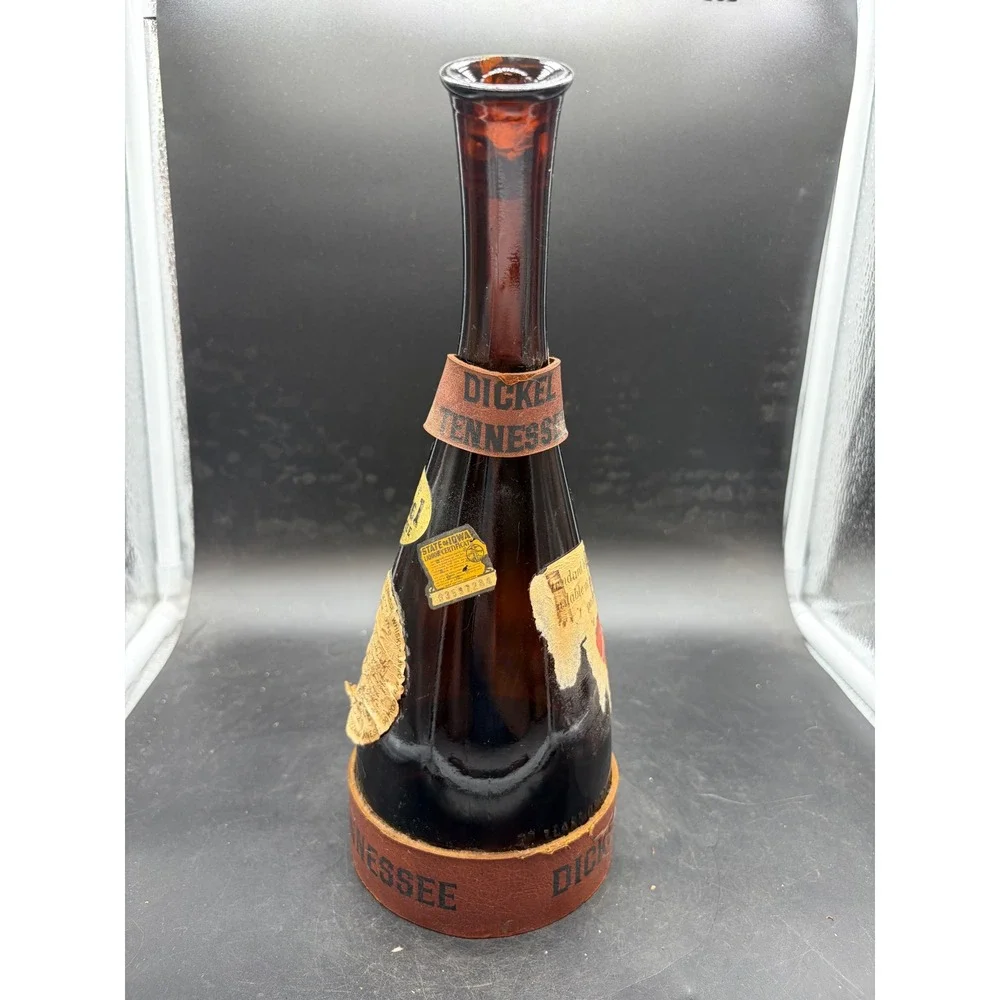 Vintage George Dickel Tennessee Whisky Powder Horn Amber Glass Bottle Leather